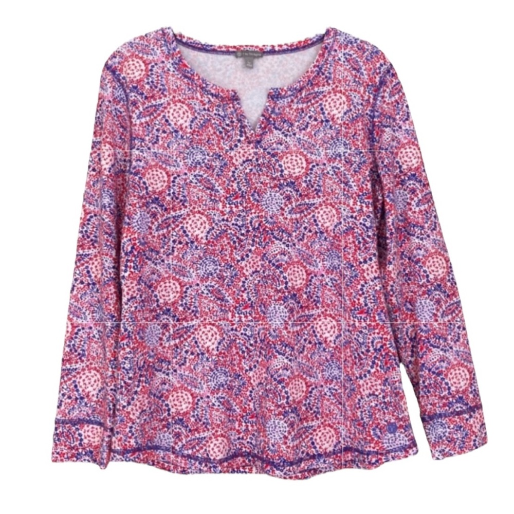 T by Talbots Large Petite Medallion Split V Neck Top Shirt